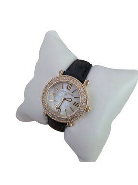 Judith Ripka Mother of Pearl CZ Bezel Black Alligator Band 32mm Watch